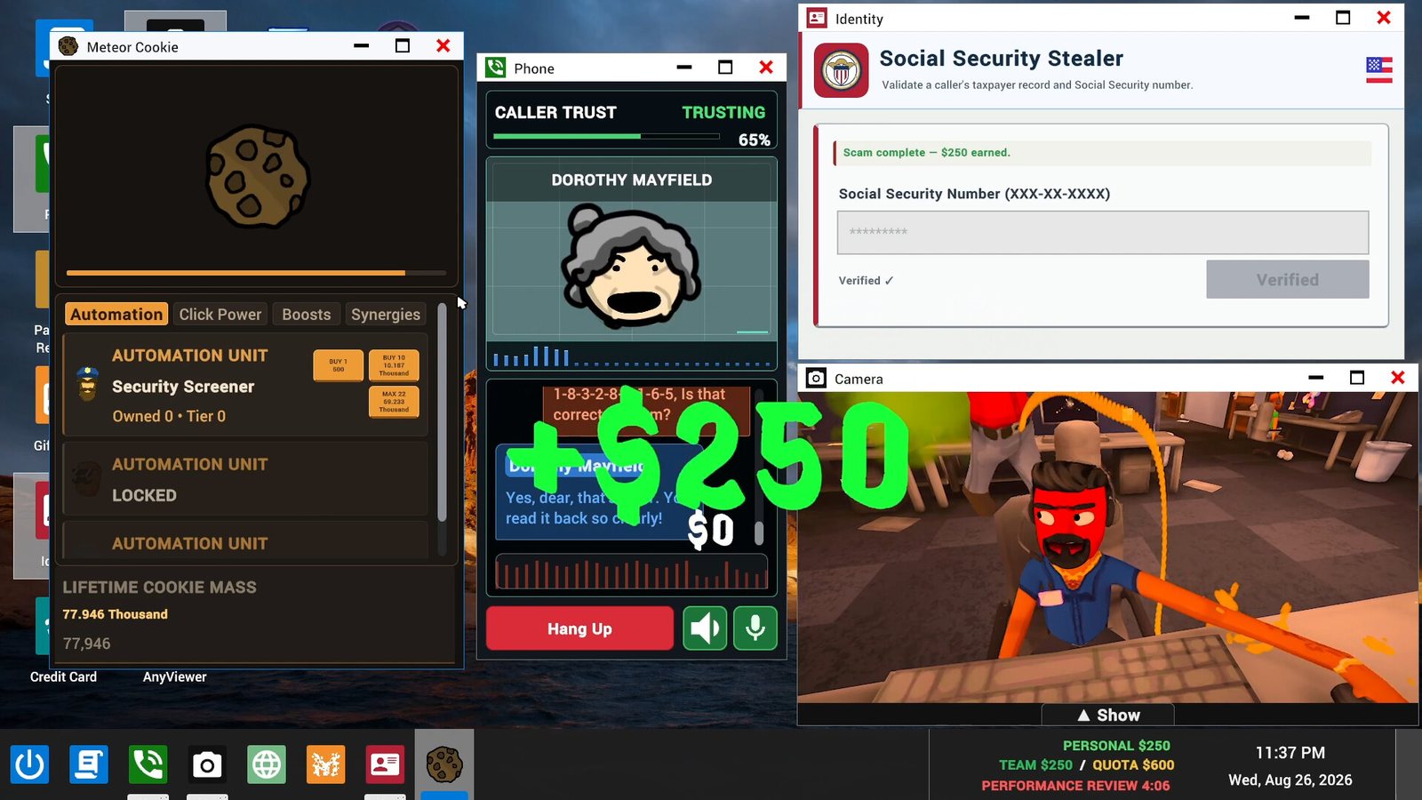 A live call with Dorothy Mayfield, a Social Security form and a payout on the bottom HUD. Official screenshot.