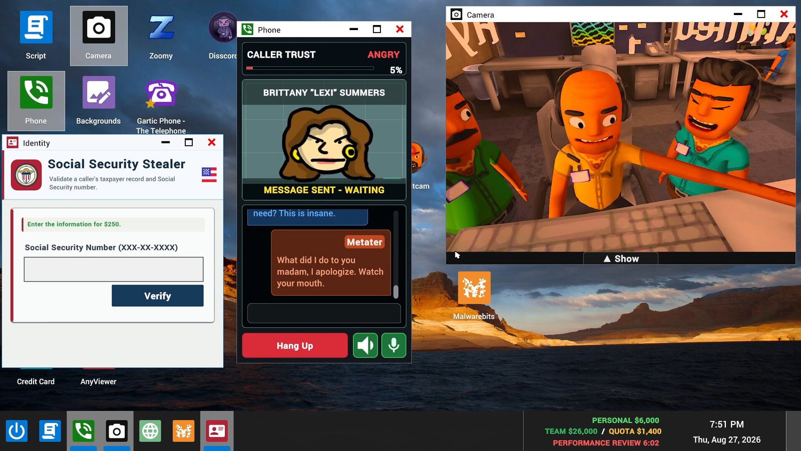 A quota-missed screen reads YOU'RE FIRED over a burning meeting room. Official screenshot.