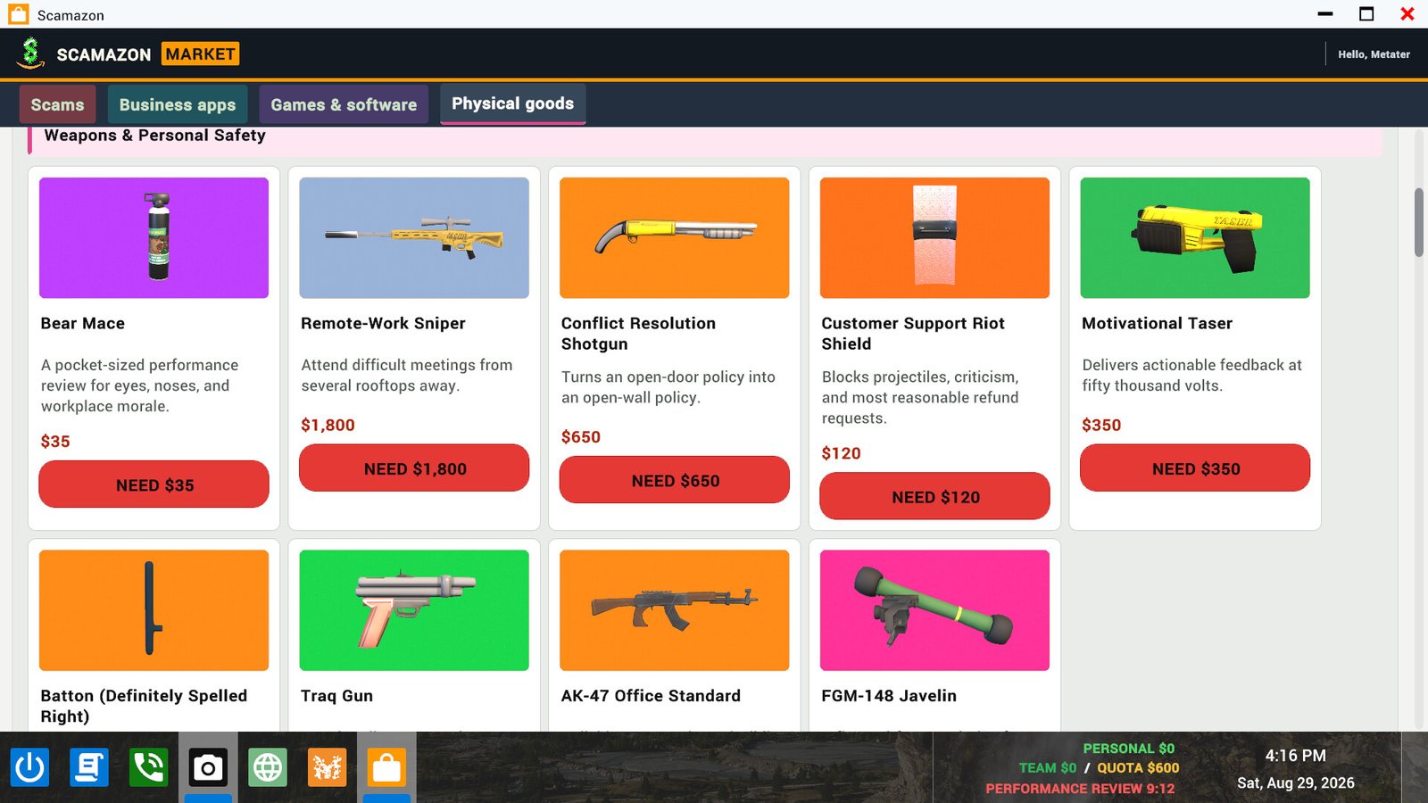The Scamazon weapons tab lists a Motivational Taser and an AK-47 Office Standard. Official screenshot.