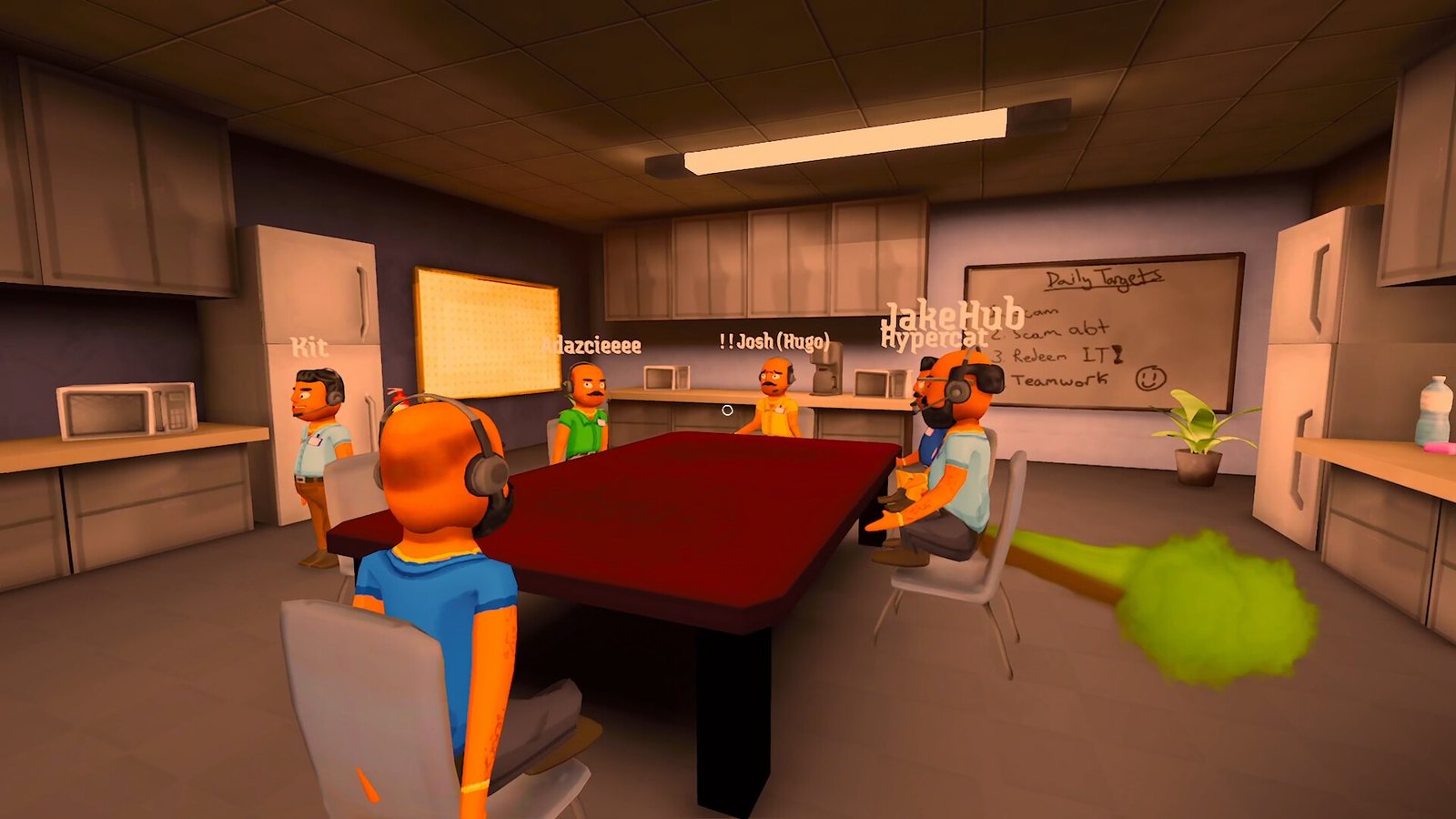 Players gather around a meeting table under a Daily Targets board. Official screenshot.